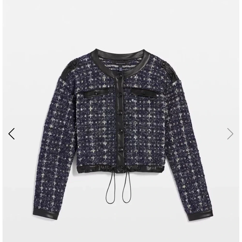 White House Black Market Cropped Tweed Sweater Jacket Small Edgy‎ Chic Academia